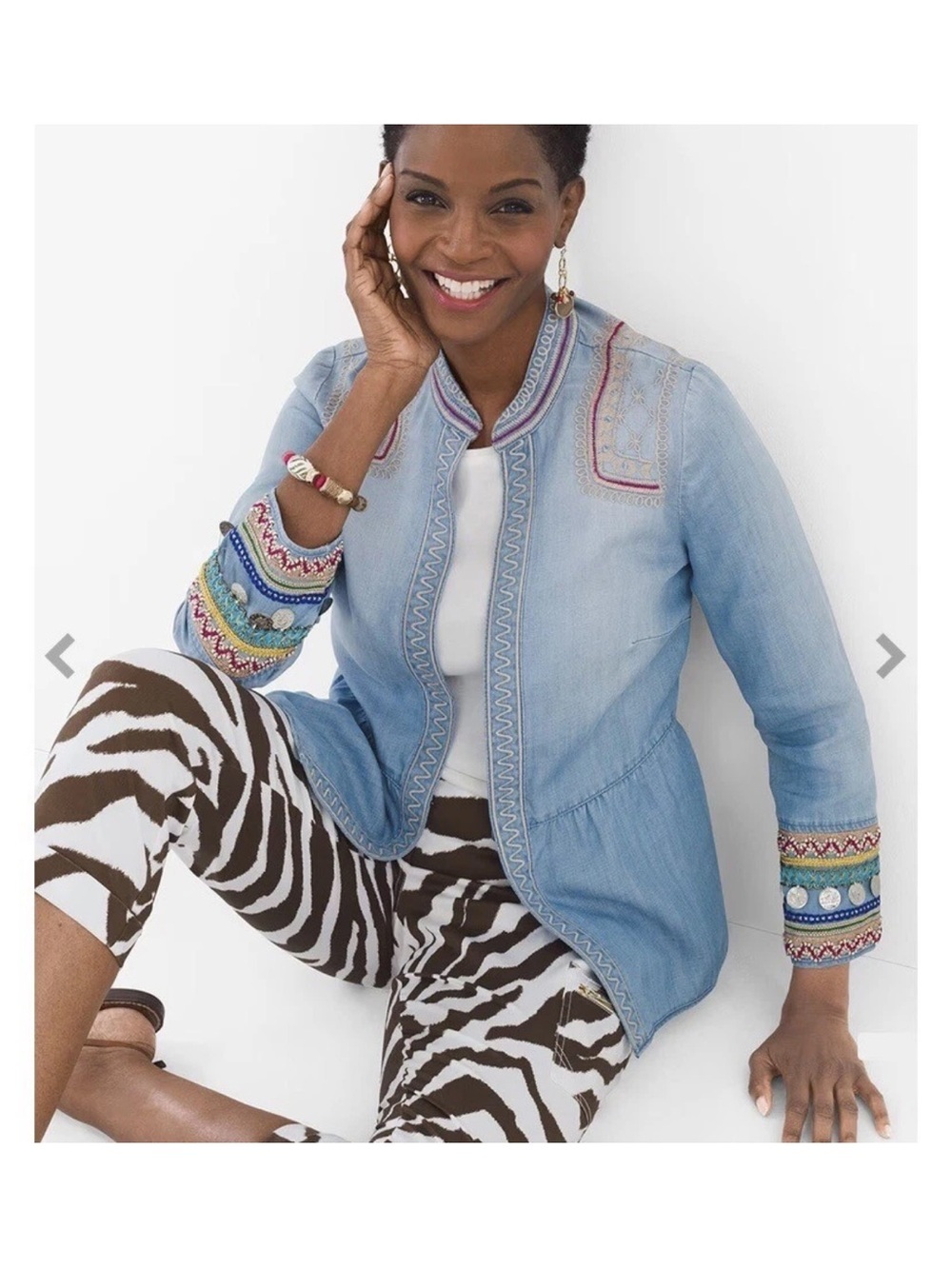 NWT Chico's Coin Detailed Jacket Boho Jean Chambray Sz 0 petite Embroidered